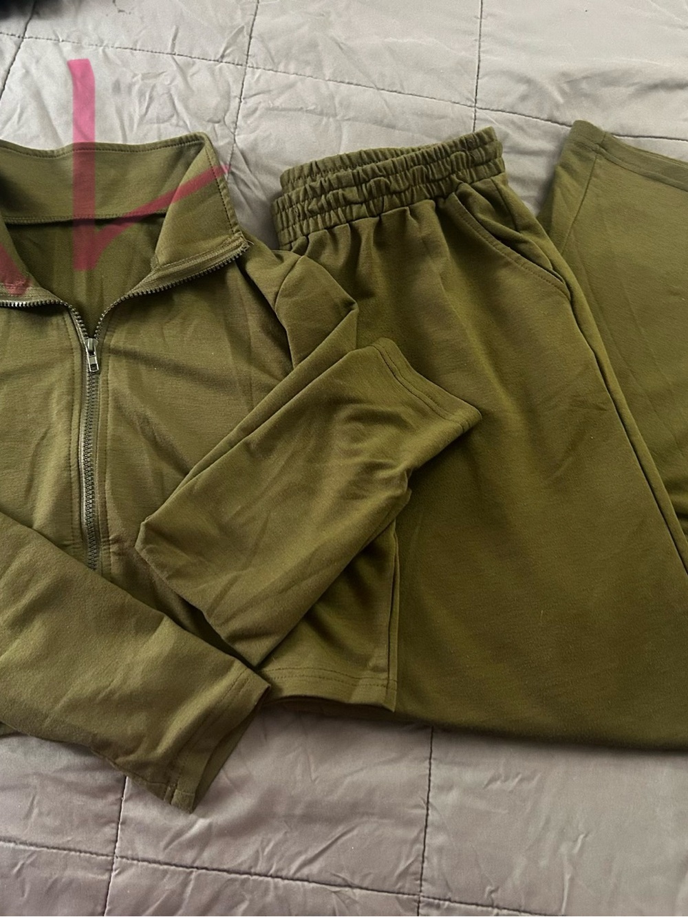 XL Olive Green Lounge Set with Zip up crop Top with wide leg pants
